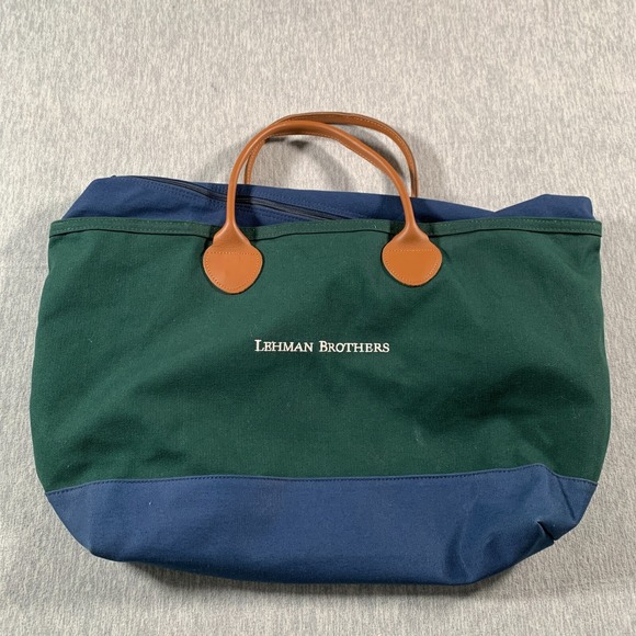 Lehman Brothers Bag Green Blue Canvas Tote Cotton Carry On Business
